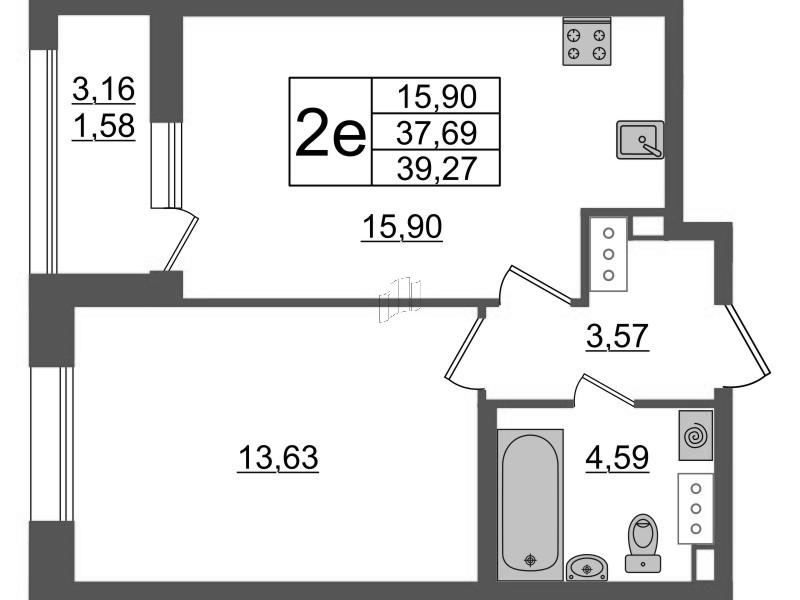 2-комнатная (Евро) квартира, 39.27 м² в ЖК "Аквилон Leaves" - планировка, фото №1