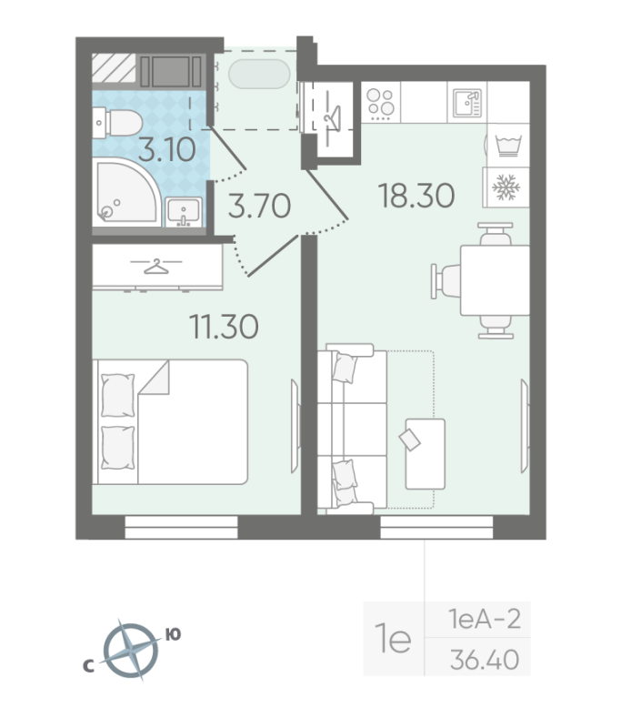 2-комнатная (Евро) квартира, 36.4 м² в ЖК "Октябрьская набережная" - планировка, фото №1