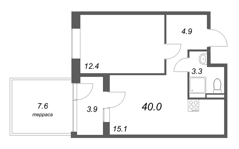 2-комнатная (Евро) квартира, 40 м² в ЖК "Экография" - планировка, фото №1