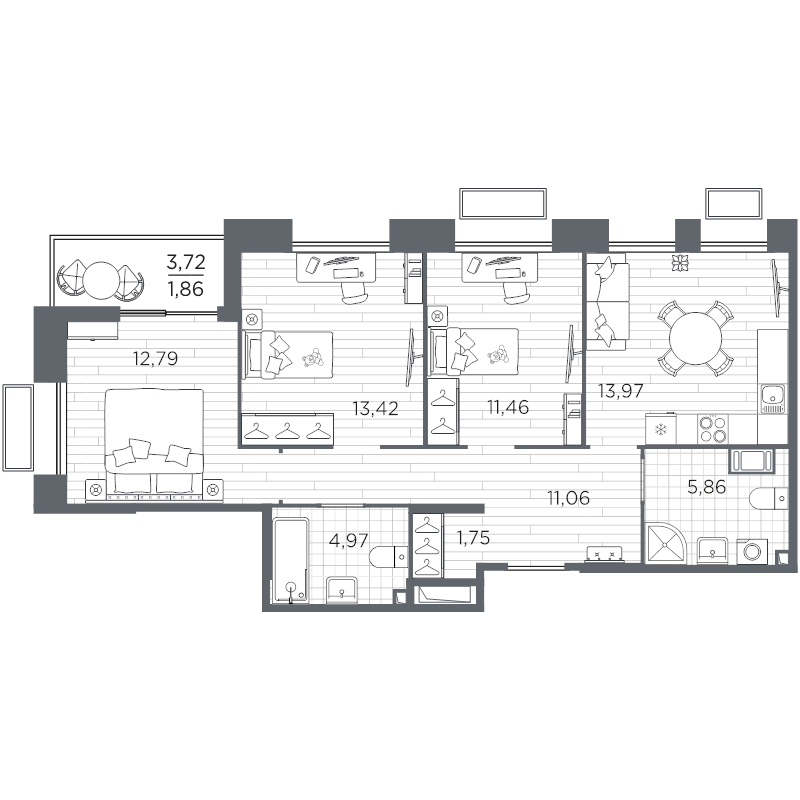 3-комнатная квартира, 77.14 м² в ЖК "Respect" - планировка, фото №1