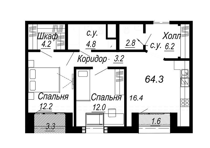 3-комнатная (Евро) квартира, 58 м² в ЖК "Meltzer Hall" - планировка, фото №1