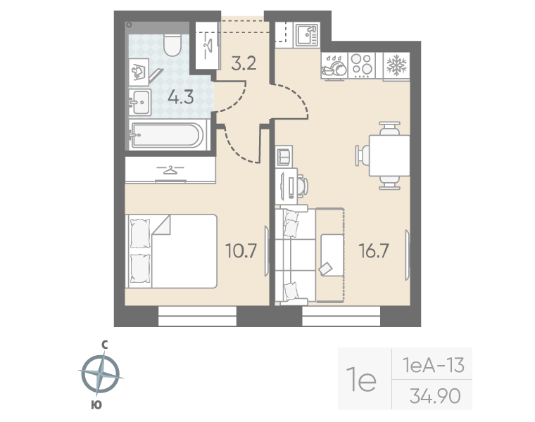 2-комнатная (Евро) квартира, 34.9 м² в ЖК "Большая Охта" - планировка, фото №1