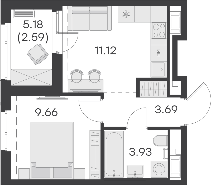 1-комнатная квартира, 30.99 м² - планировка, фото №1