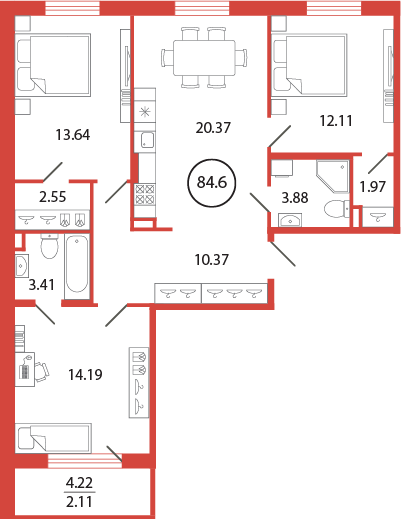 4-комнатная (Евро) квартира, 84.6 м² - планировка, фото №1