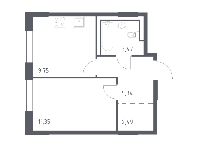1-комнатная квартира, 32.4 м² в ЖК "Квартал Лаголово" - планировка, фото №1