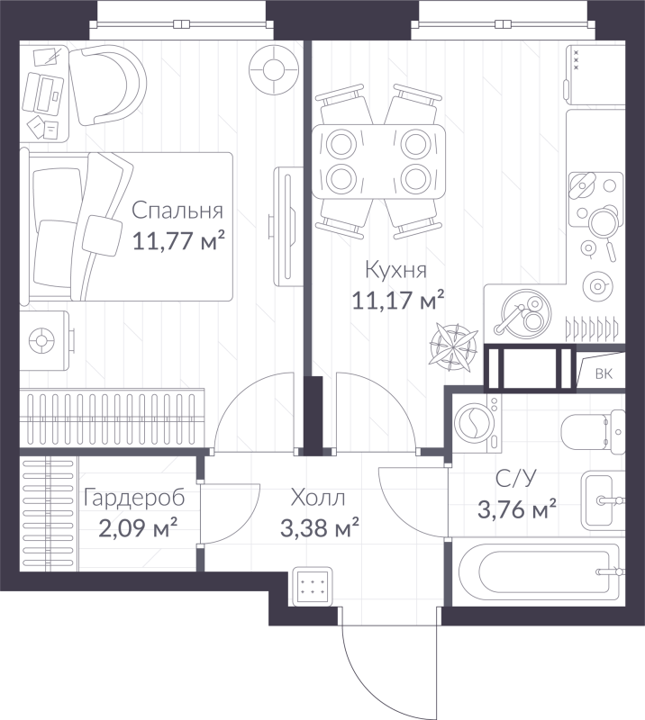 1-комнатная квартира, 32.17 м² - планировка, фото №1