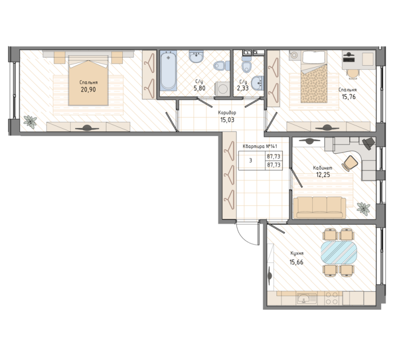 3-комнатная квартира, 87.73 м² в ЖК "Мануфактура James Beck" - планировка, фото №1