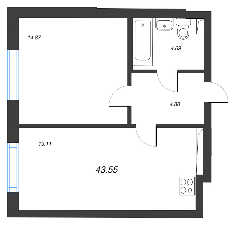 2-комнатная (Евро) квартира, 43.55 м² - планировка, фото №1