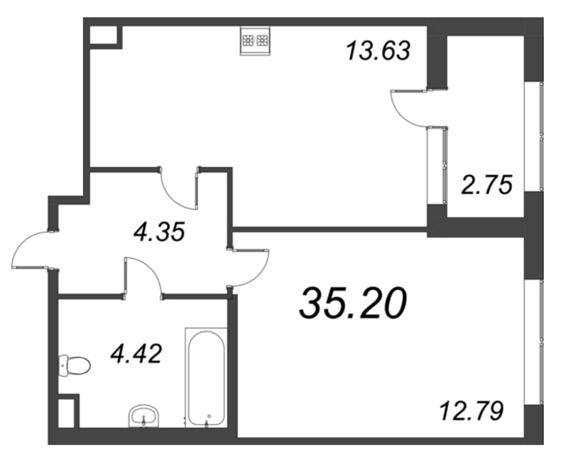 1-комнатная квартира, 35.2 м² в ЖК "Б15" - планировка, фото №1