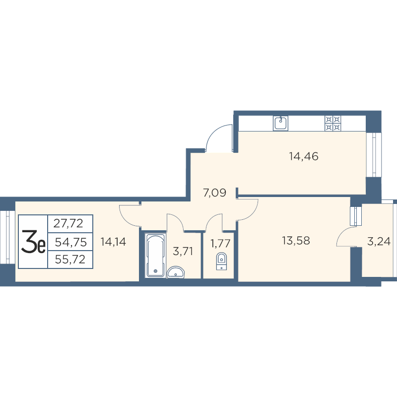 3-комнатная (Евро) квартира, 55.72 м² - планировка, фото №1