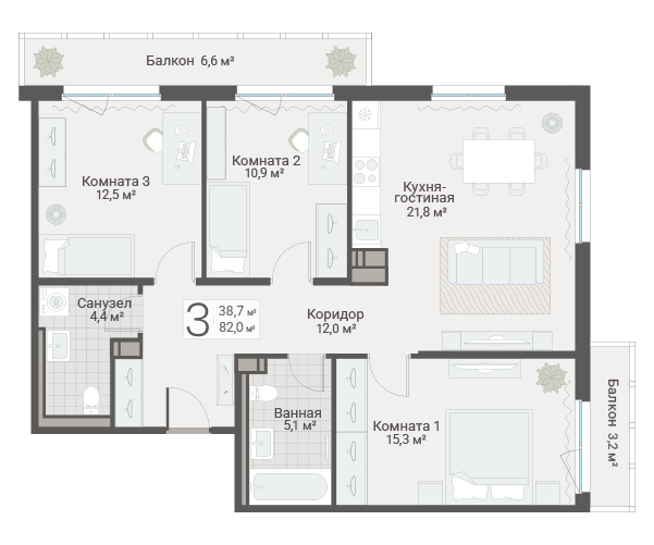 4-комнатная (Евро) квартира, 82 м² в ЖК "Руднева 15" - планировка, фото №1