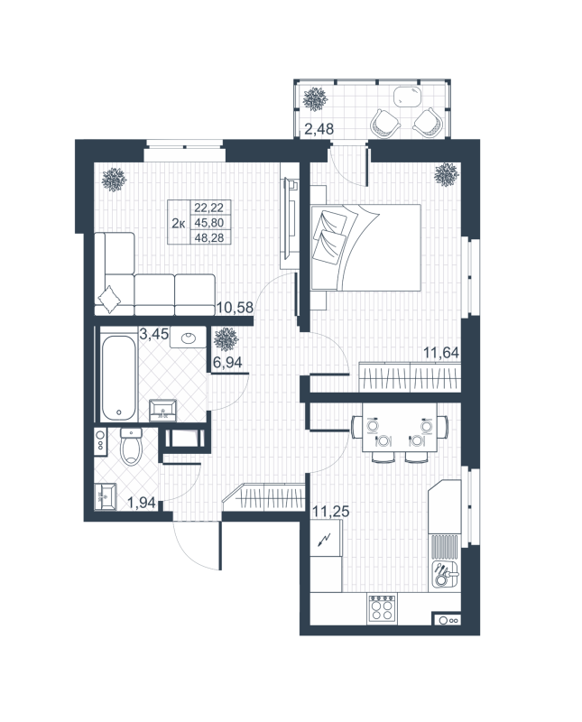 2-комнатная квартира, 46.54 м² - планировка, фото №1