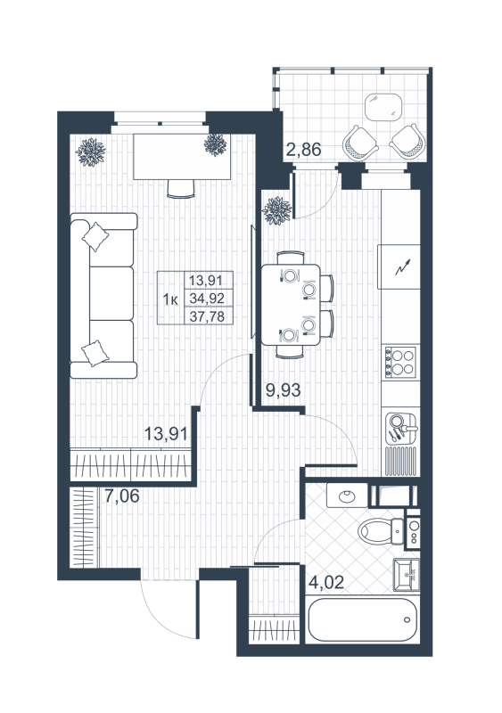 1-комнатная квартира, 34.7 м² в ЖК "Ново-Антропшино" - планировка, фото №1