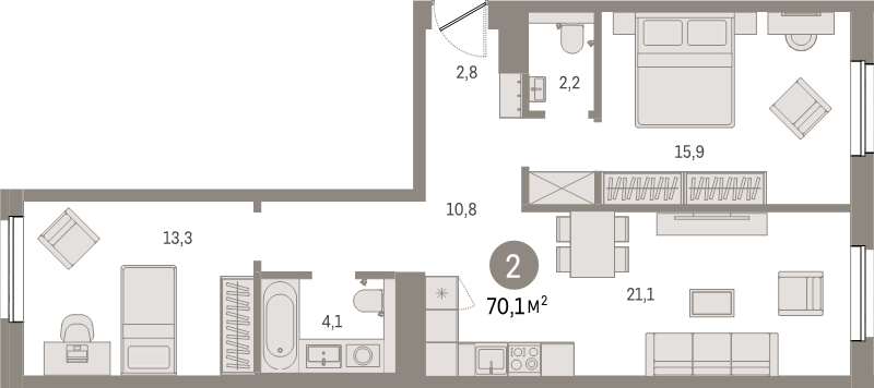 3-комнатная (Евро) квартира, 70.1 м² в ЖК "Северный ветер" - планировка, фото №1