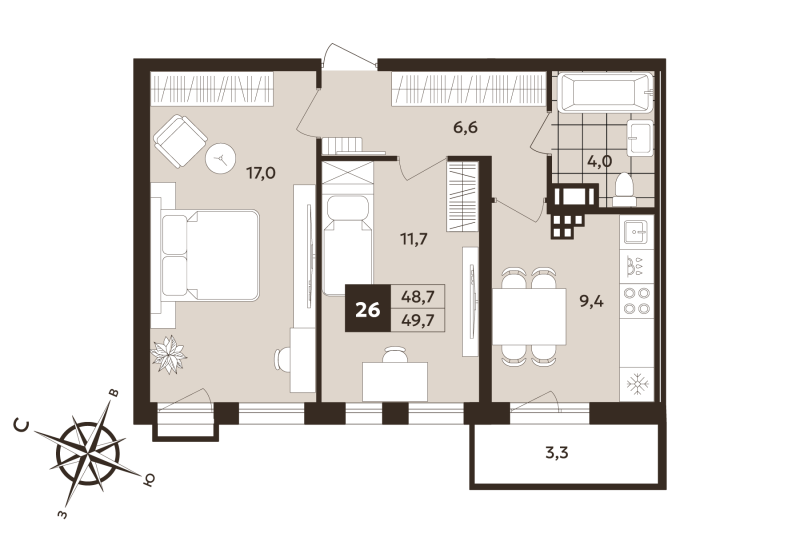 2-комнатная квартира, 48.7 м² в ЖК "Дом на Бронницкой" - планировка, фото №1