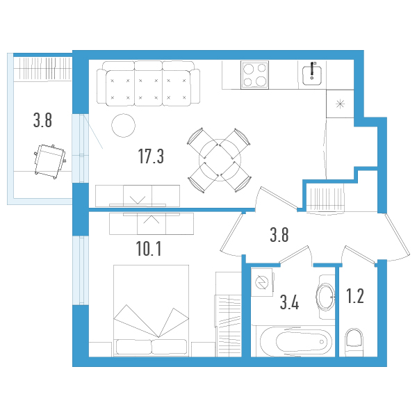 2-комнатная (Евро) квартира, 36.9 м² в ЖК "Аэросити" - планировка, фото №1