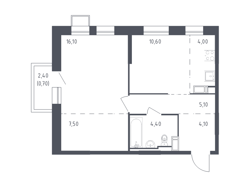 1-комнатная квартира, 52.5 м² - планировка, фото №1