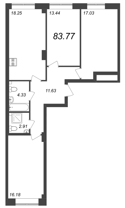 4-комнатная (Евро) квартира, 83.77 м² - планировка, фото №1