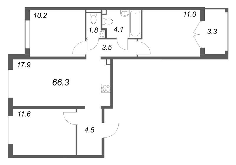 4-комнатная (Евро) квартира, 66.3 м² в ЖК "Пулково Лейк" - планировка, фото №1