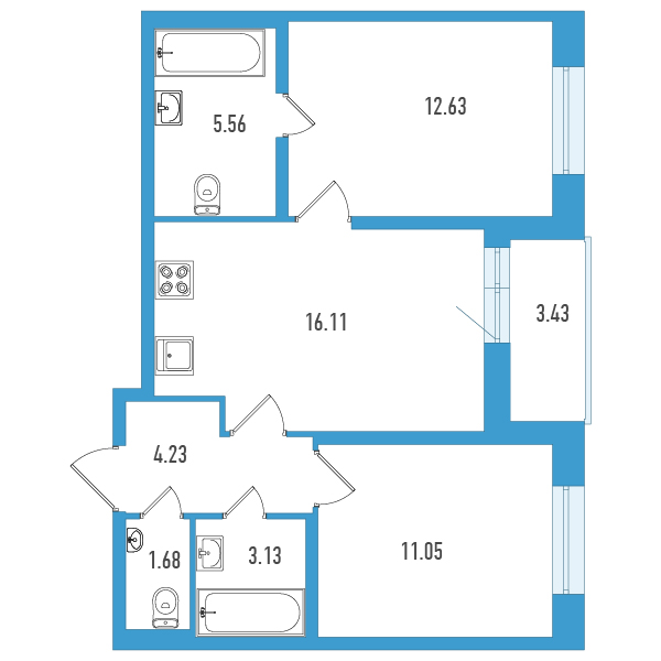 3-комнатная (Евро) квартира, 56.11 м² в ЖК "Искра-Сити" - планировка, фото №1
