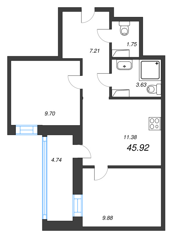 2-комнатная квартира, 45.92 м² в ЖК "Уютный" - планировка, фото №1