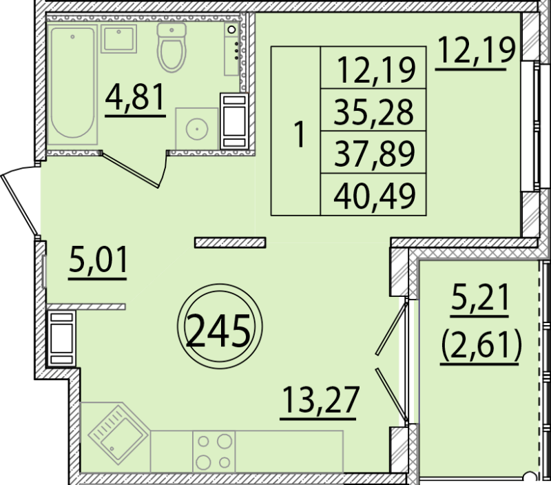 1-комнатная квартира, 35.28 м² - планировка, фото №1