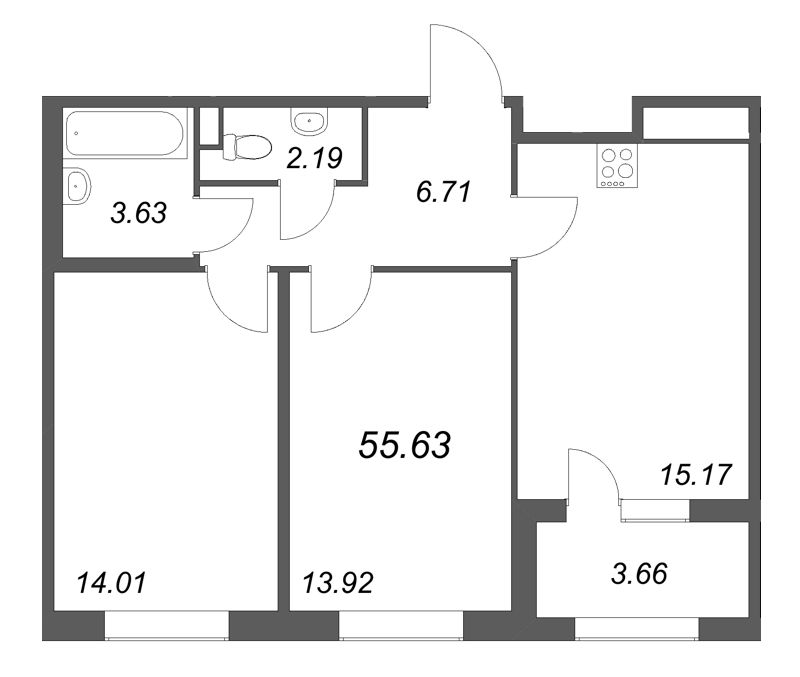 3-комнатная (Евро) квартира, 55.63 м² в ЖК "Дубровский" - планировка, фото №1
