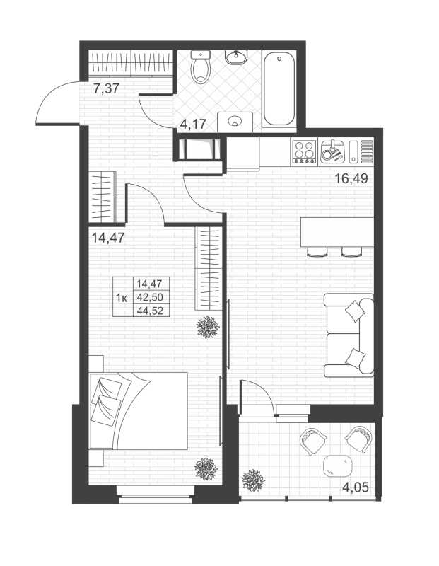2-комнатная (Евро) квартира, 44.52 м² - планировка, фото №1