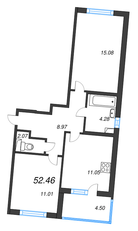 2-комнатная квартира, 52.46 м² в ЖК "ЮгТаун" - планировка, фото №1
