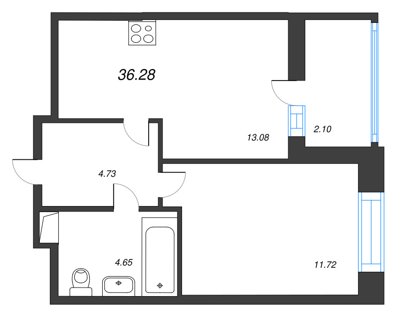 2-комнатная (Евро) квартира, 36.28 м² - планировка, фото №1