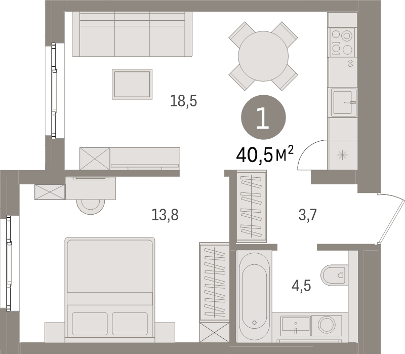 2-комнатная (Евро) квартира, 40.5 м² в ЖК "Брусника в Новоселье" - планировка, фото №1