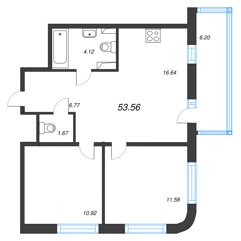 3-комнатная (Евро) квартира, 53.56 м² в ЖК "Кронунг Янино" - планировка, фото №1