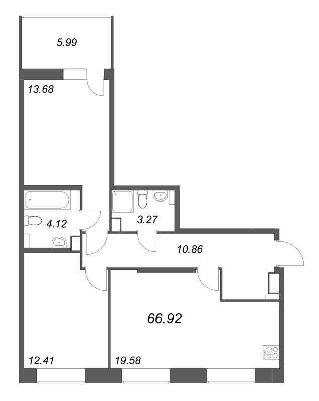 3-комнатная (Евро) квартира, 66.92 м² в ЖК "Аквилон РекаПарк" - планировка, фото №1