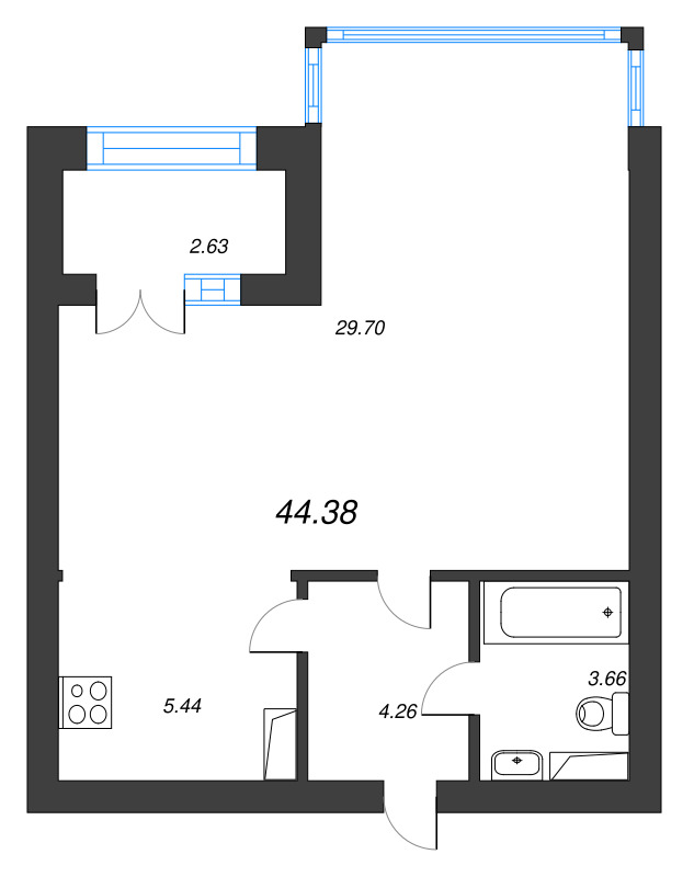1-комнатная квартира, 44.38 м² - планировка, фото №1