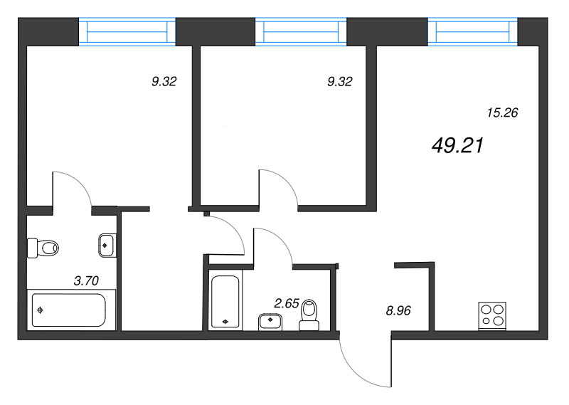 3-комнатная (Евро) квартира, 49.21 м² в ЖК "Alpen" - планировка, фото №1