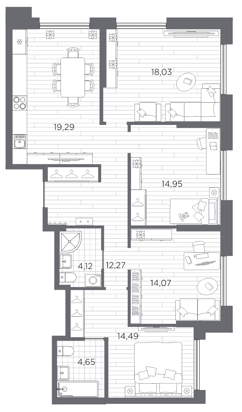 5-комнатная (Евро) квартира, 101.87 м² в ЖК "Галерная гавань" - планировка, фото №1