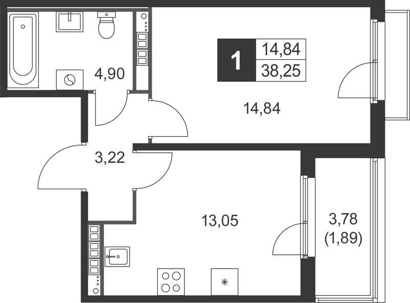1-комнатная квартира, 38.25 м² в ЖК "Слобода" - планировка, фото №1