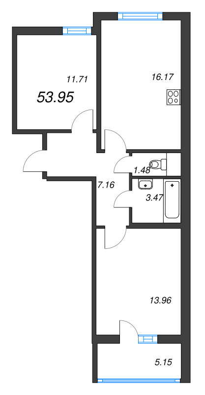 3-комнатная (Евро) квартира, 53.95 м² в ЖК "Любоград" - планировка, фото №1