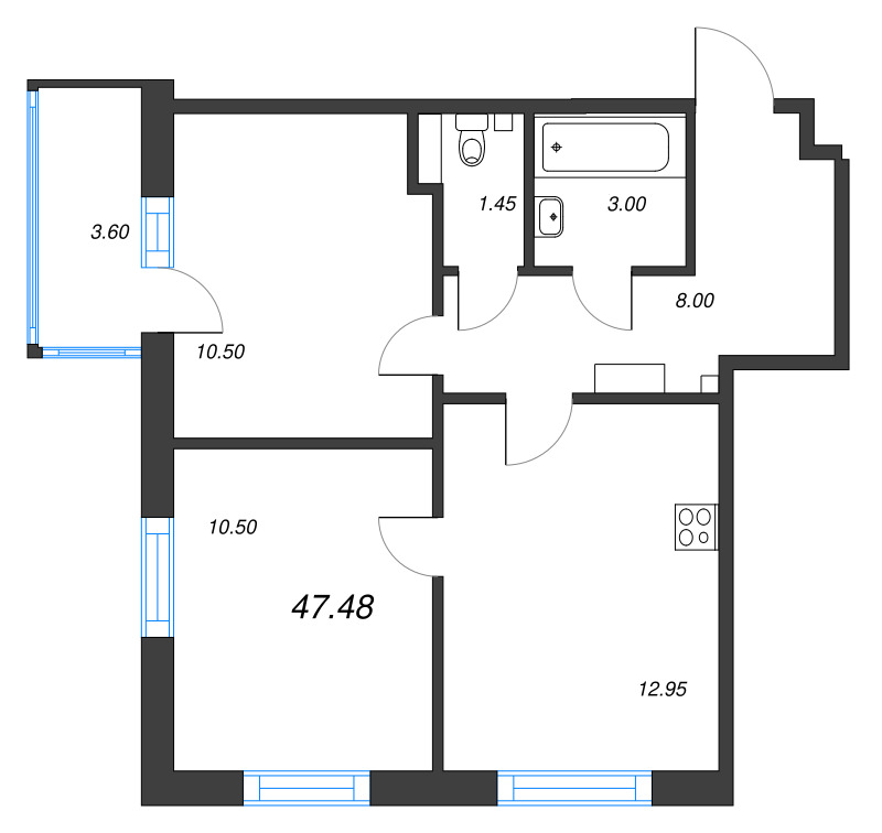 2-комнатная квартира, 47.48 м² - планировка, фото №1