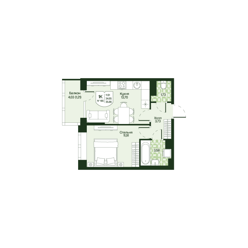 1-комнатная квартира, 35.86 м² в ЖК "Охтинские высоты" - планировка, фото №1