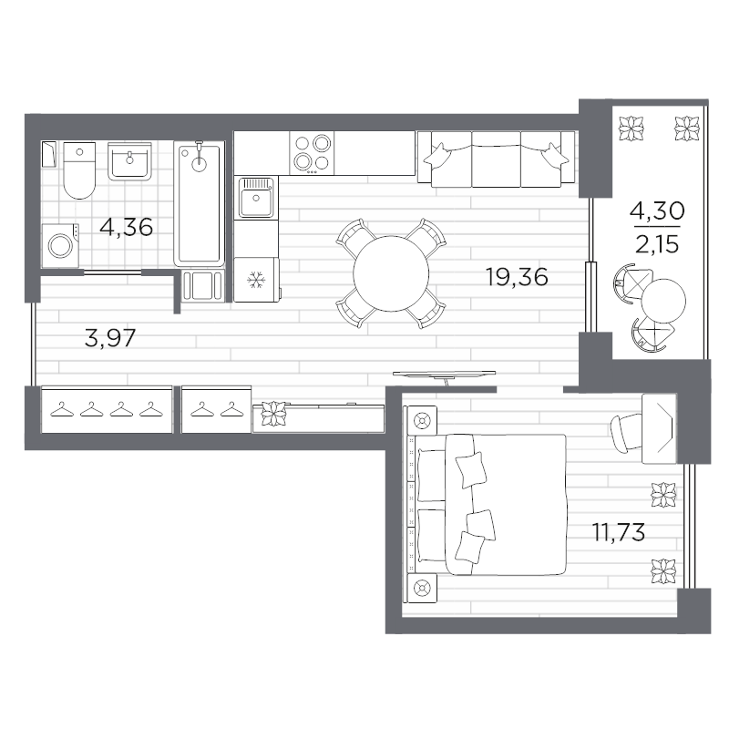 2-комнатная (Евро) квартира, 41.57 м² в ЖК "Сезоны" - планировка, фото №1