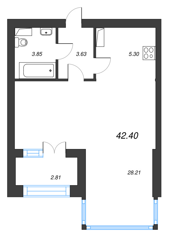 1-комнатная квартира, 42.4 м² - планировка, фото №1