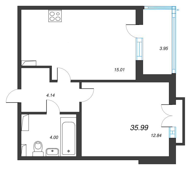 2-комнатная (Евро) квартира, 35.99 м² в ЖК "Любоград" - планировка, фото №1