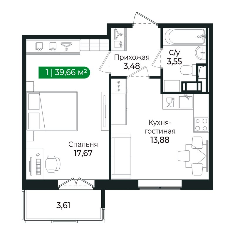 1-комнатная квартира, 38.3 м² в ЖК "Сертолово Парк" - планировка, фото №1