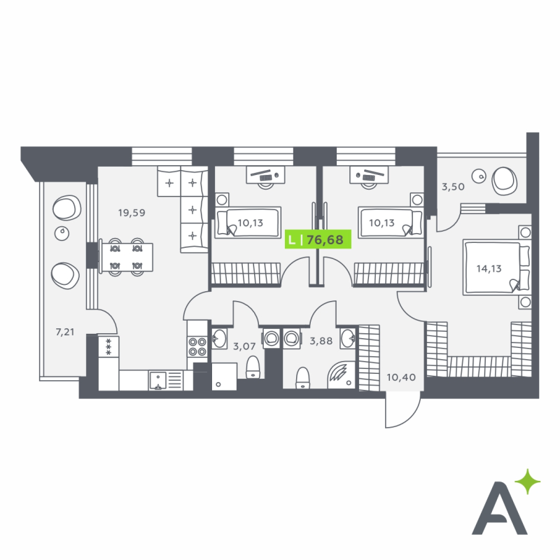 4-комнатная (Евро) квартира, 76.68 м² в ЖК "Аквилон Верба" - планировка, фото №1