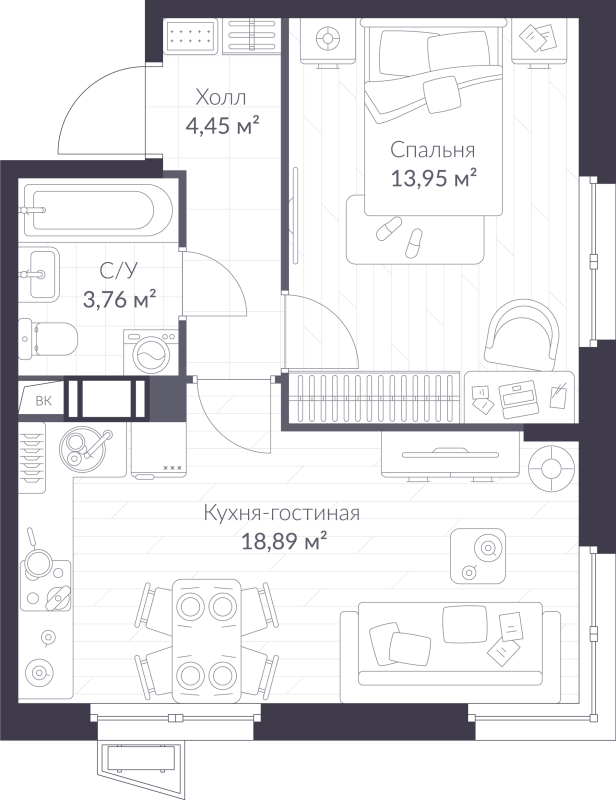 2-комнатная (Евро) квартира, 41.05 м² - планировка, фото №1