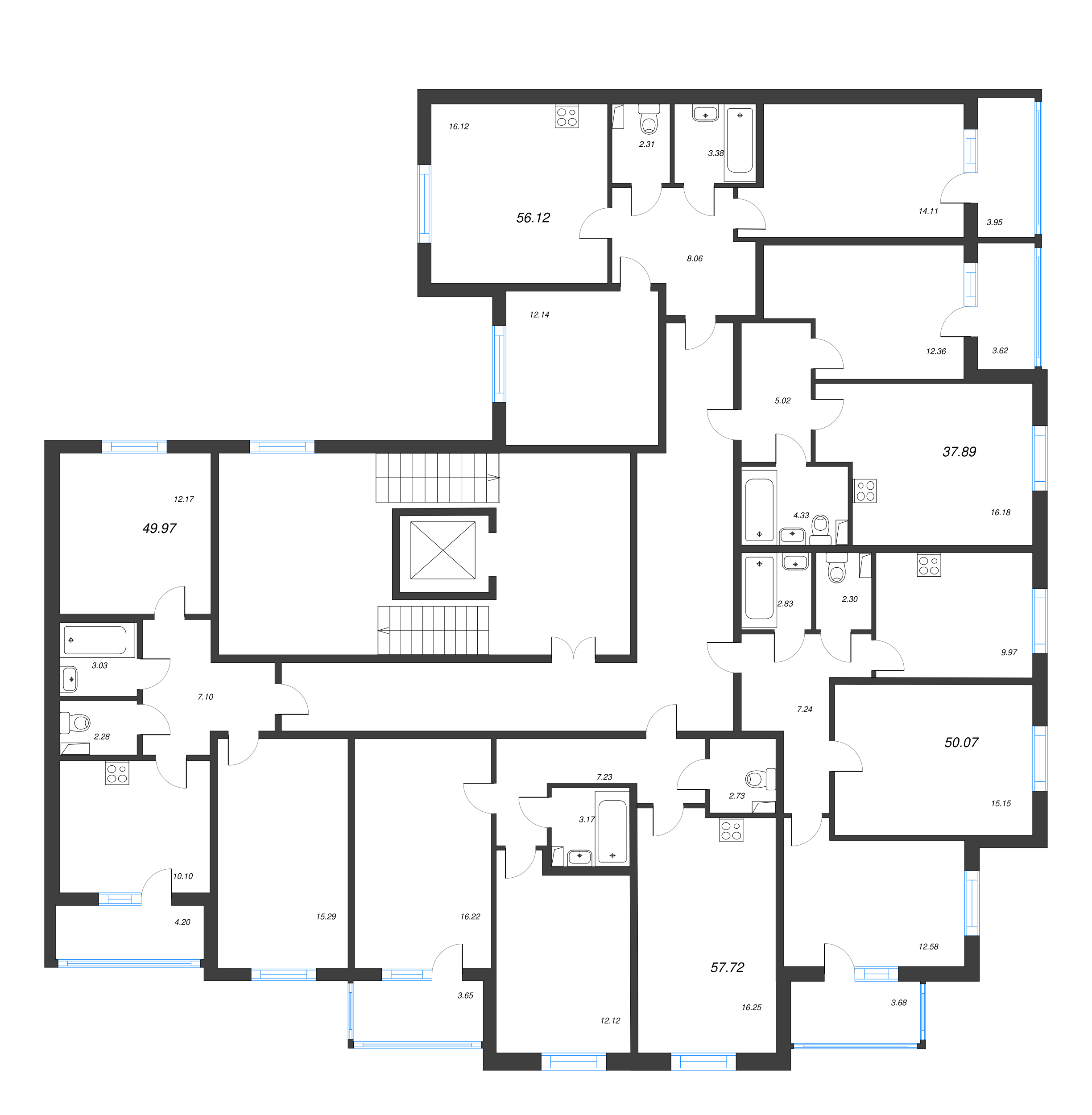 3-комнатная (Евро) квартира, 57.72 м² - планировка этажа