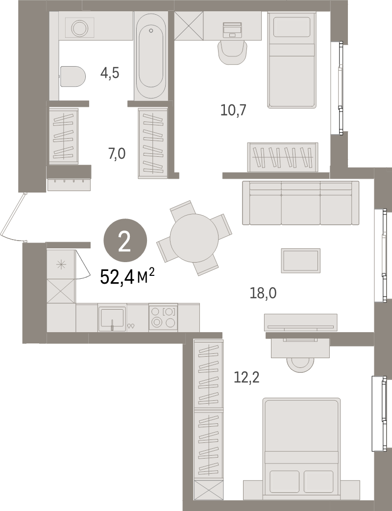 3-комнатная (Евро) квартира, 52.4 м² в ЖК "Брусника в Новоселье" - планировка, фото №1