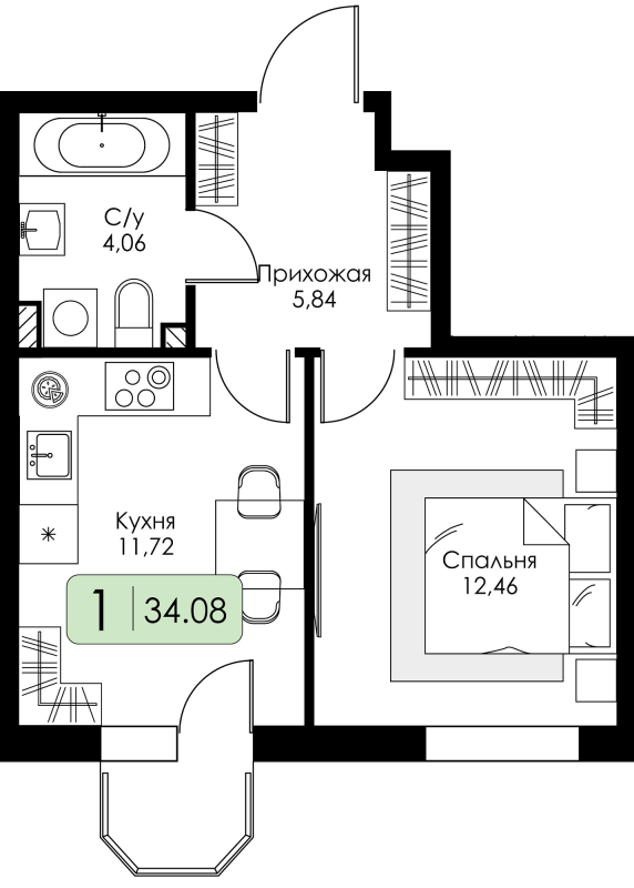 1-комнатная квартира, 34.08 м² в ЖК "Всевгород" - планировка, фото №1