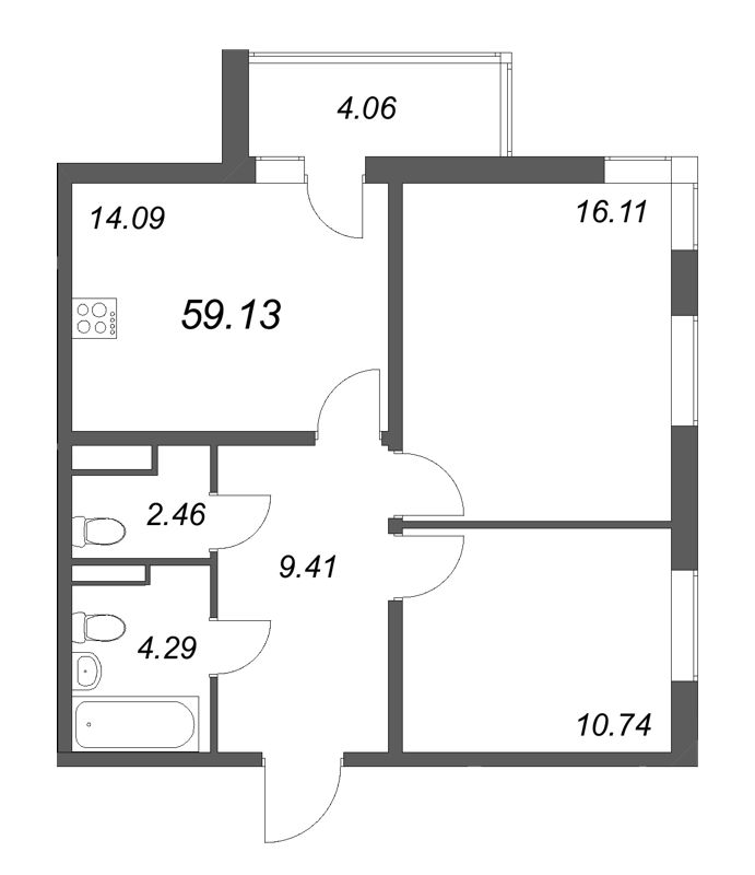 2-комнатная квартира, 59.13 м² в ЖК "Новая история" - планировка, фото №1